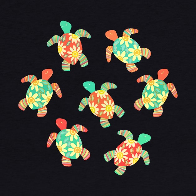 Cute Flower Child Hippy Turtles on Dark by micklyn